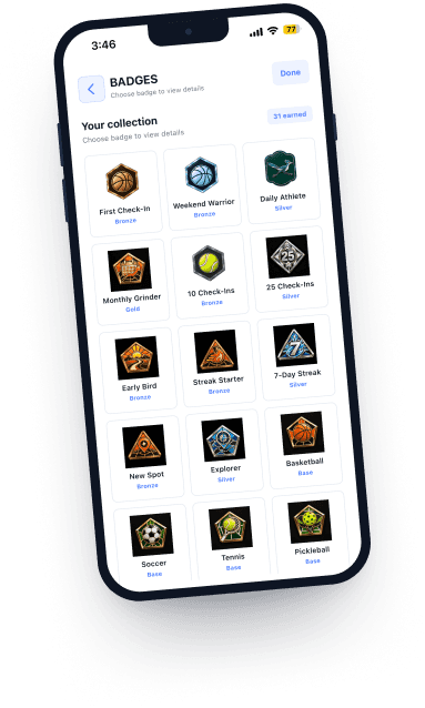 IKATA badges collection showing earned sports achievements
