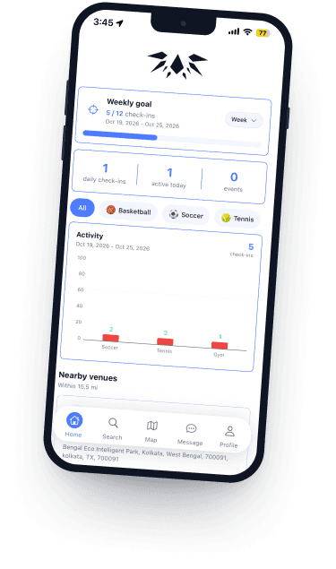 IKATA home dashboard showing weekly goal, activity chart, and nearby venues